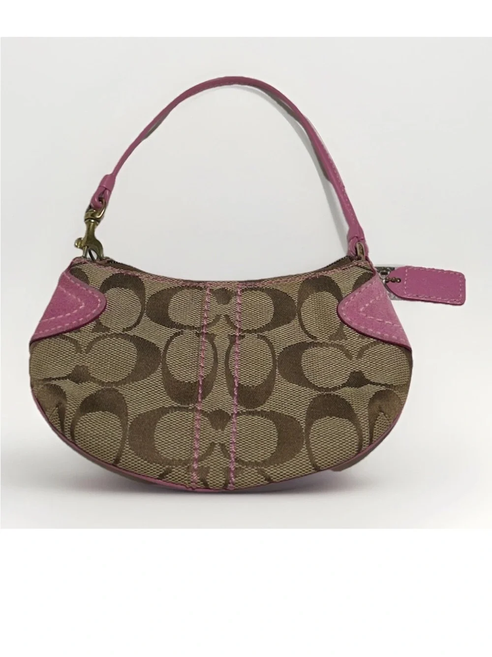 Coach Soho Hobo Mini Wristlet, Signature Brown/Beige Canvas, Pink Suede Trim,